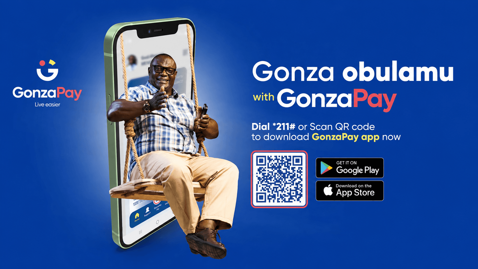 Gonza obulamu with GonzaPay. Dial *211# or scan the QR code to download the GonzaPay app now.